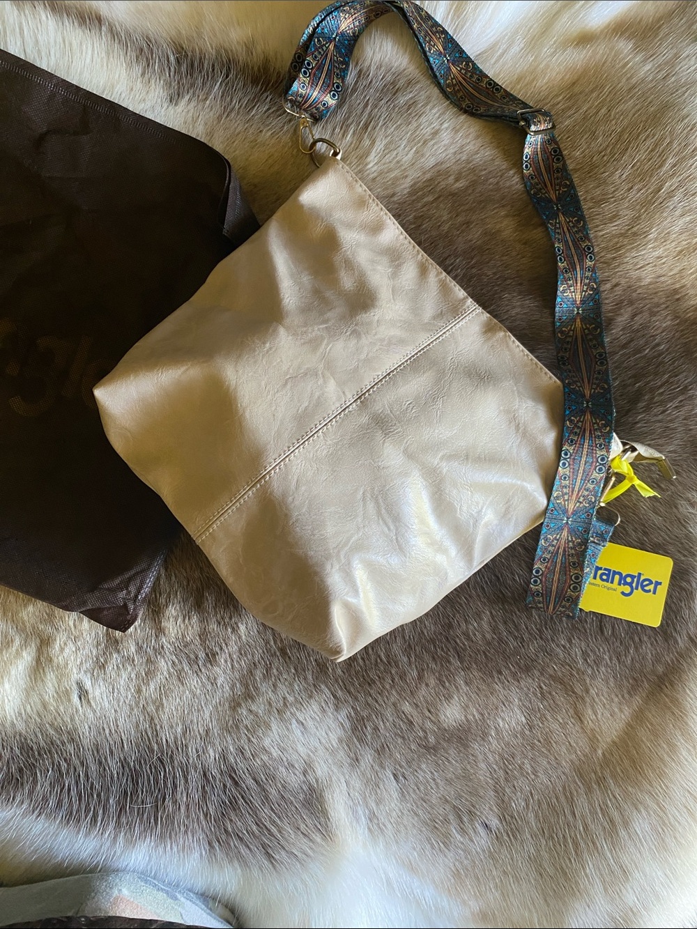 Wrangler Cream Shoulder Bag with Decorative Blue Patterned Strap and Dust Bag